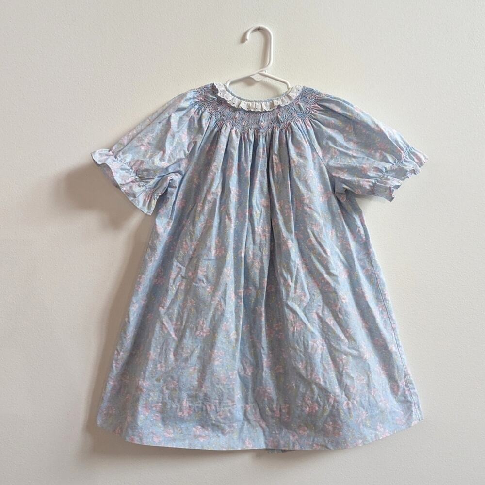 Vtg 90s Alisa Jarrett Dress Girls Sz 6x Blue Floral Smocked Classic Girly